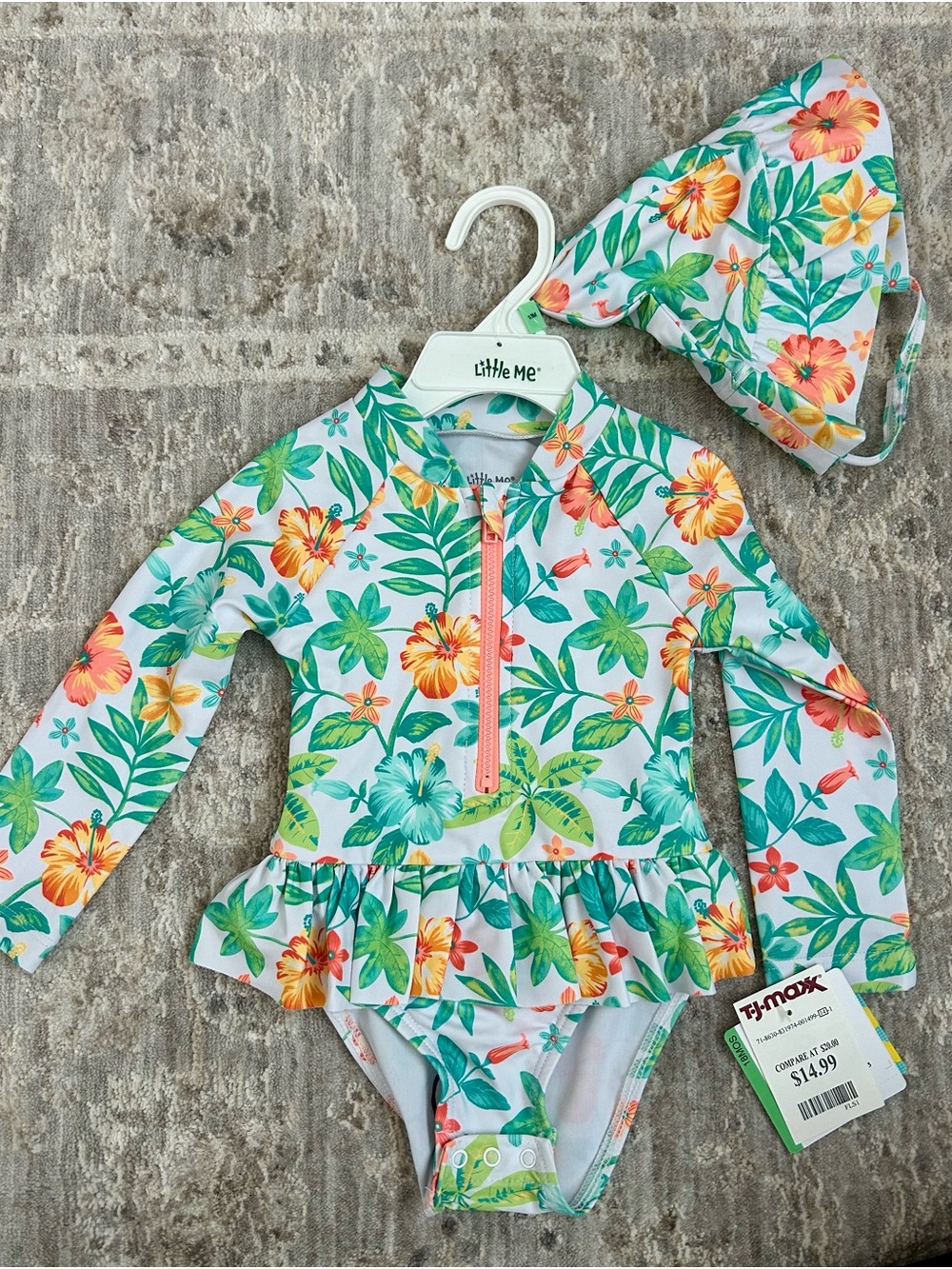 NWT Little Me Floral Long-Sleeve Swim/Rash Guard with Hat - size 18 months